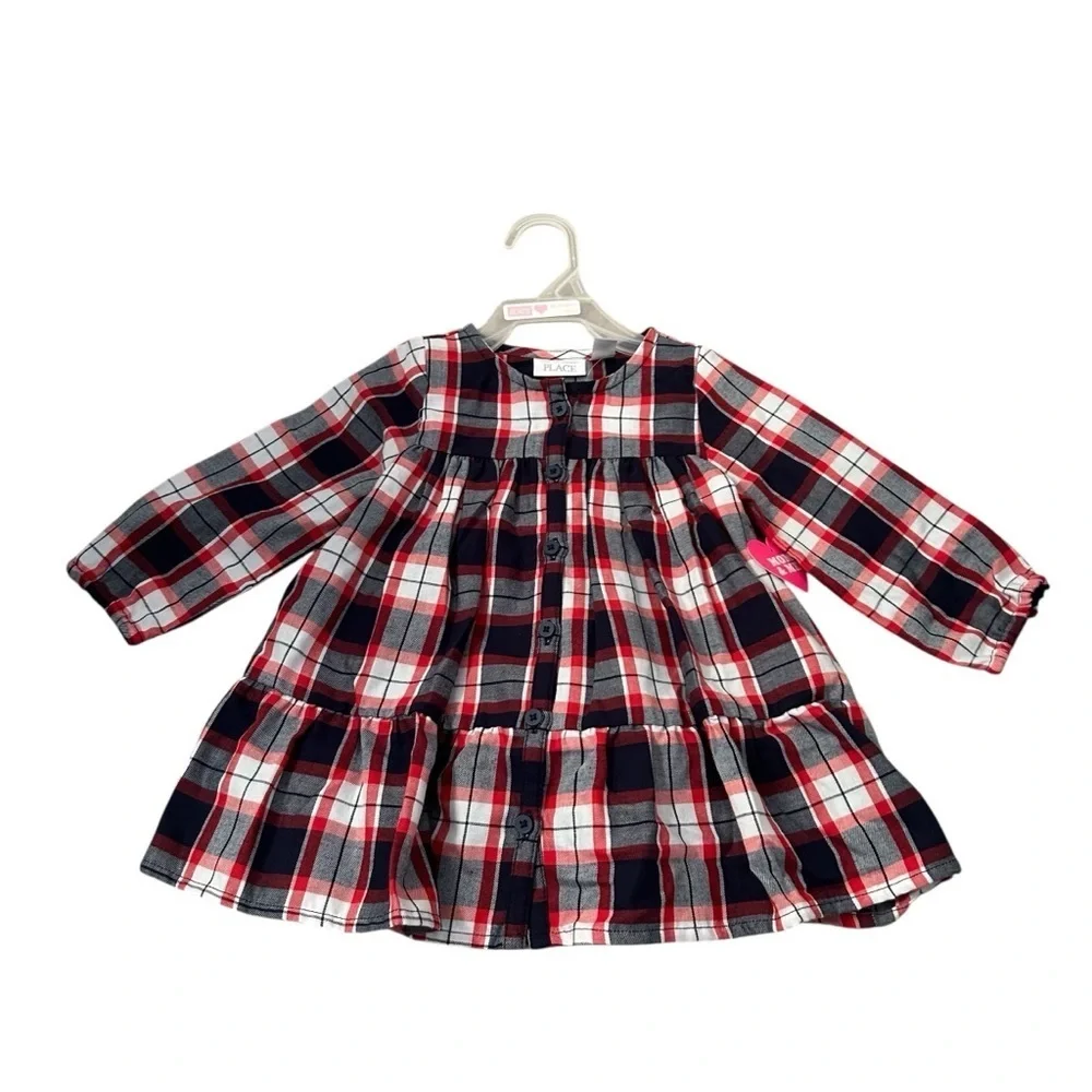 The Children’s Place Baby Girl Holiday Plaid Button Ruffle Dress Size 12-18